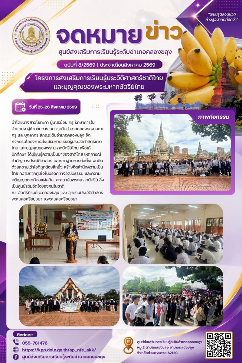1. โครงการส่งเสริมการเรียนรู้ประวัติศาสตร์ชาติไทย และบุญคุณของพระมหากษัตริย์ไทย