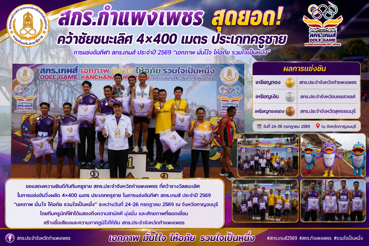 สกร.กำแพงเพชร คว้าแชมป์วิ่งผลัด 4×400 เมตร ประเภทครูชาย ในการแข่งขันกีฬา สกร.เกมส์ 2569 สกร.ประจำจังหวัดกำแพงเพชร