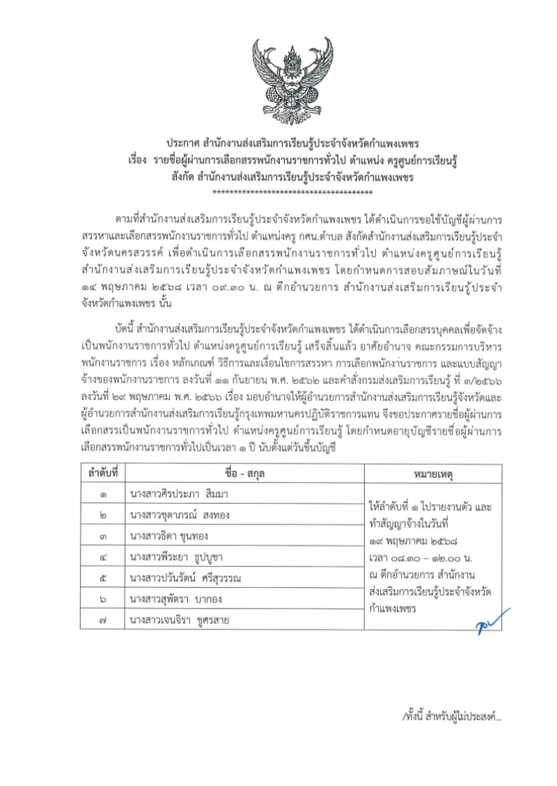 1. ประกาศ สำนักงานส่งเสริมการเรียนรู้ประจำจังหวัดกำแพงเพชร เรื่องรายชื่อผู้ผ่านการเลือกสรรพนักงานราชการ ตำหแน่ง ครูศูนย์เรียนรู้ฯ