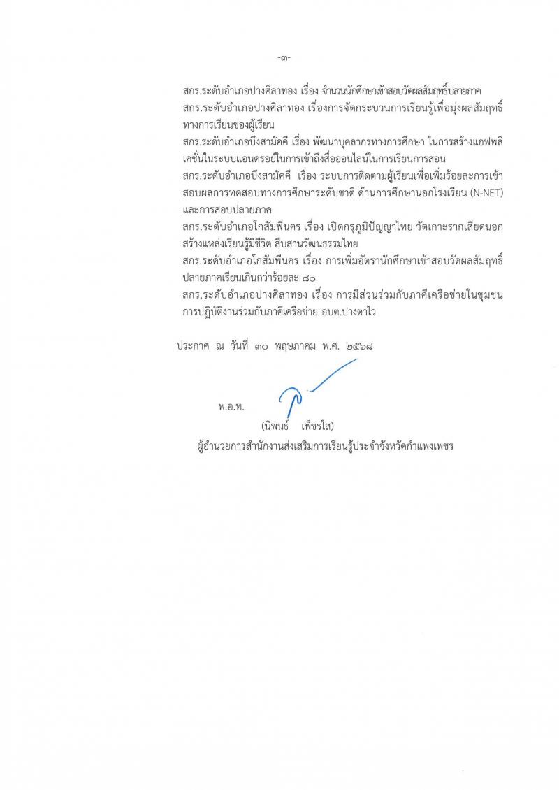 3. ประกาศสำนักงานส่งเสริมการเรียนรู้ประจำจังหวัดกำแพงเพชร best practice