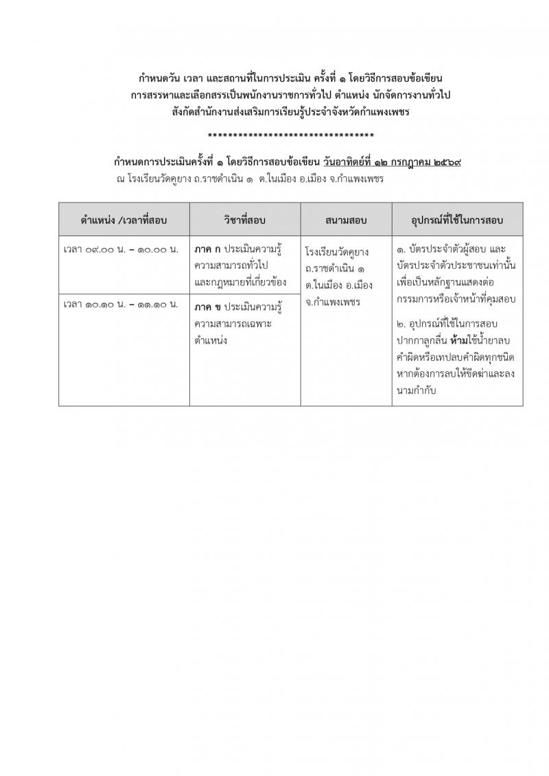 1. ประกาศรายชื่อผู้มีสิทธิสอบข้อเขียน นักจัดการงานทั่วไป สำนักงานส่งเสริมการเรียนรู้ประจำจังหวัดกำแพงเพชร